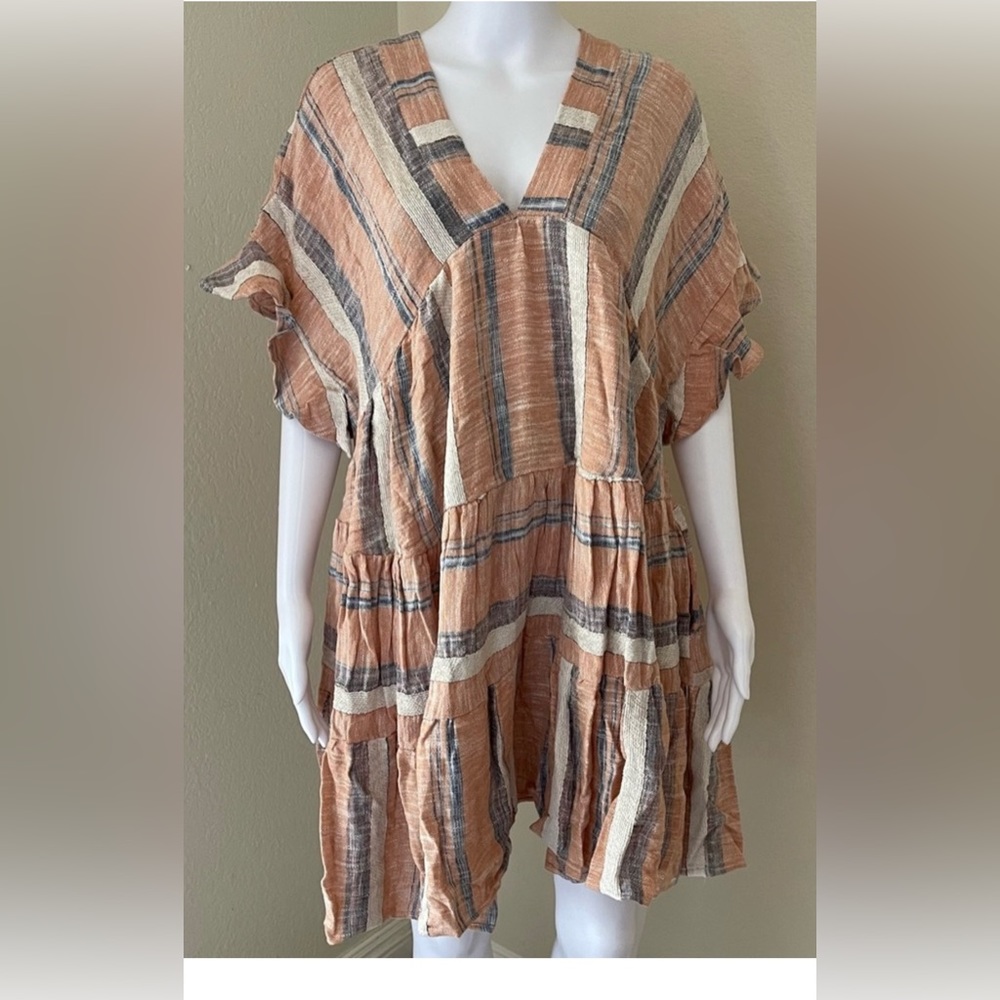 NWT Lulus DUSTY ORANGE/DUSTY BLUE/WHITE linen blend striped mini dress- Large